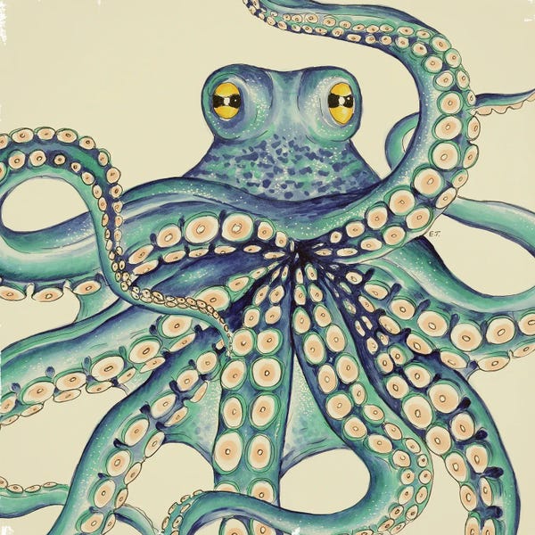 Seven Sirens Studios: Octopus Kraken Green Beige Ink by Seven Sirens Studios