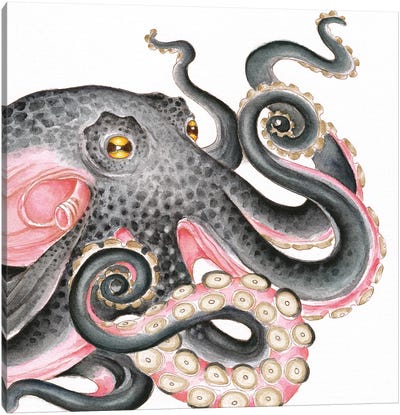 Grey Salmon Pink Octopus Watercolor Canvas Art Print - Octopus Art