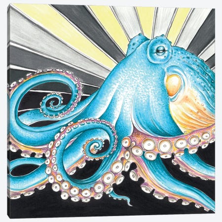 Blue Octopus Yellow Grey Stripe Canvas Print #SSI162} by Seven Sirens Studios Art Print