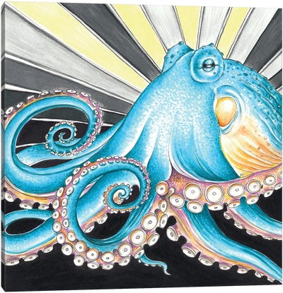 Blue Octopus Yellow Grey Stripe Canvas Art Print