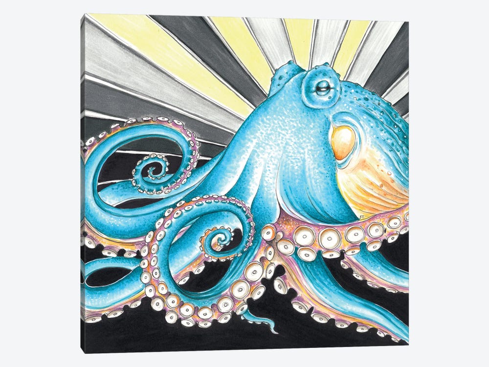 Blue Octopus Yellow Grey Stripe by Seven Sirens Studios 1-piece Canvas Print