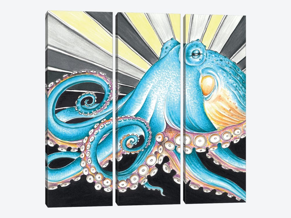 Blue Octopus Yellow Grey Stripe by Seven Sirens Studios 3-piece Art Print