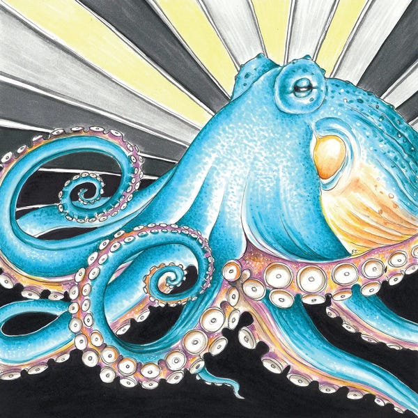 Octopi: Blue Octopus Yellow Grey Stripe by Seven Sirens Studios