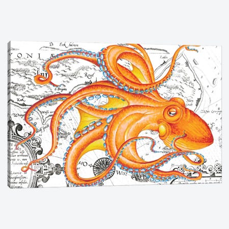 Orange Octopus Tentacles Vintage Map Nautical Canvas Print #SSI164} by Seven Sirens Studios Canvas Artwork