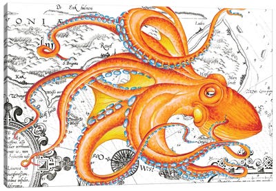 Orange Octopus Tentacles Vintage Map Nautical Canvas Art Print