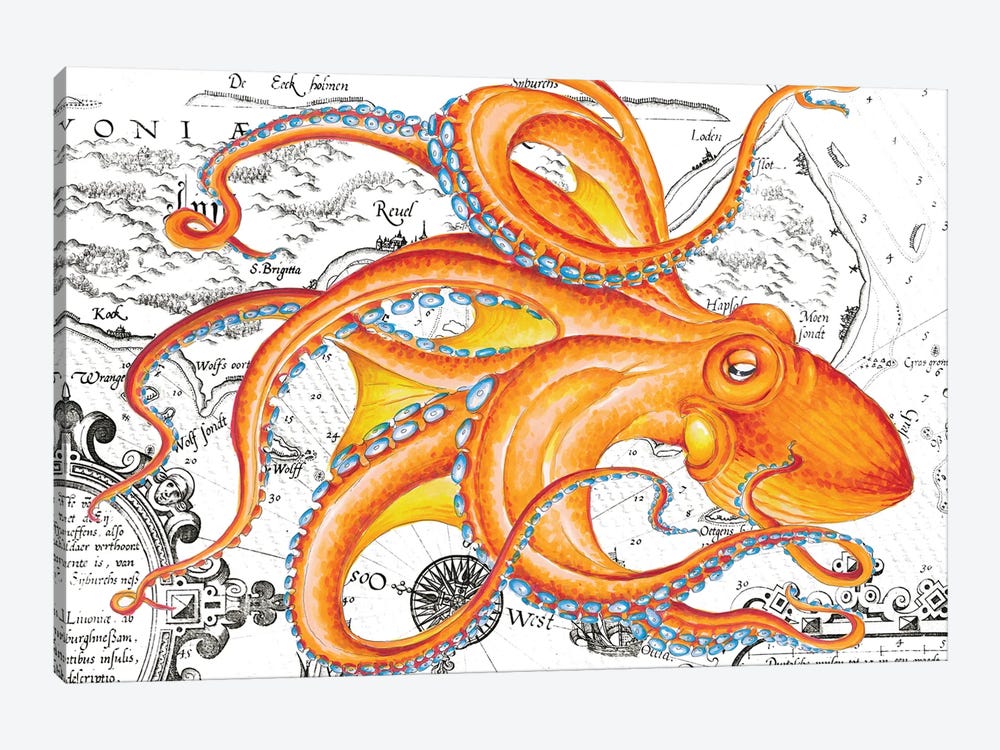 Orange Octopus Tentacles Vintage Map Nautical by Seven Sirens Studios 1-piece Canvas Print
