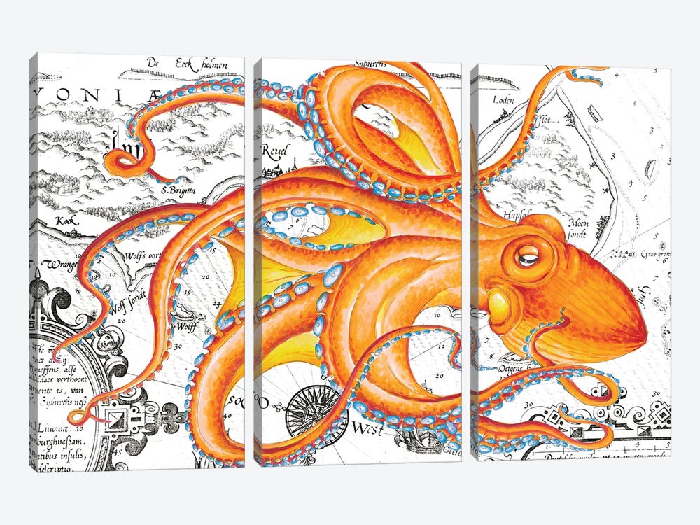 Orange Octopus Tentacles Vintage Map Nautical by Seven Sirens Studios 3-piece Canvas Print