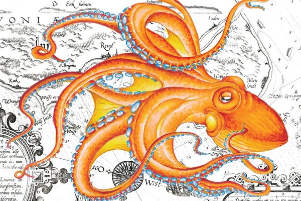 Kids Map Art: Orange Octopus Tentacles Vintage Map Nautical by Seven Sirens Studios