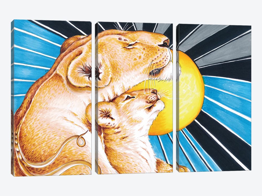 Lioness Mom And The Cub Love Sun by Seven Sirens Studios 3-piece Canvas Art Print