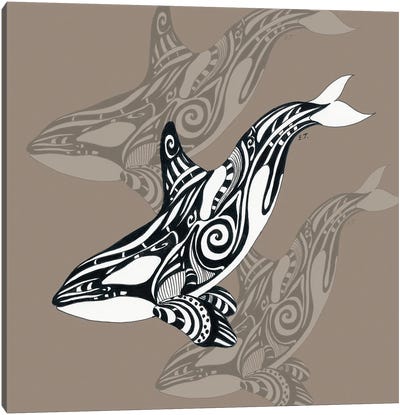 Orca Killer Whale Taupe Tribal Ink Sea Canvas Art Print - Orca Whale Art