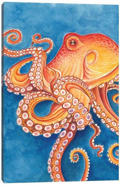 Red Pacific Octopus Blue Canvas Art Print - Octopus Art