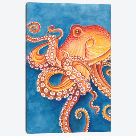 Red Pacific Octopus Blue Canvas Print #SSI168} by Seven Sirens Studios Canvas Art Print