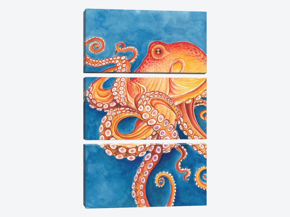 Red Pacific Octopus Blue by Seven Sirens Studios 3-piece Canvas Art Print