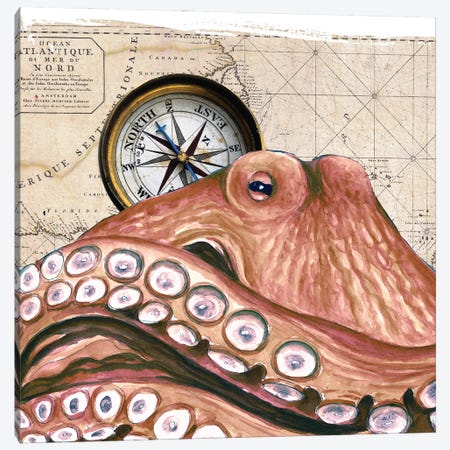 Red Octopus Vintage Map Canvas Print #SSI171} by Seven Sirens Studios Canvas Artwork