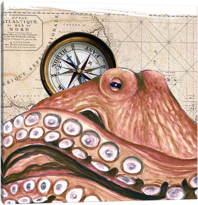 Red Octopus Vintage Map Canvas Art Print - Seven Sirens Studios