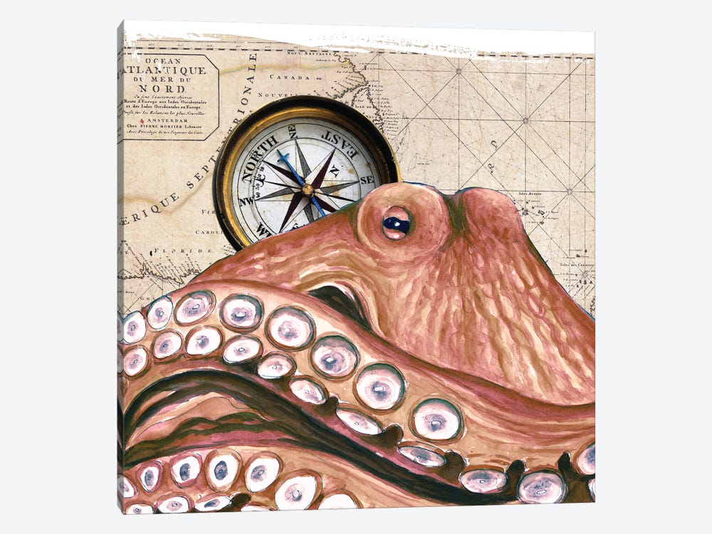 Red Octopus Vintage Map by Seven Sirens Studios 1-piece Canvas Print