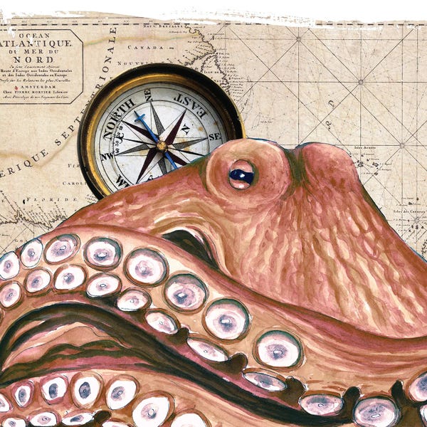 Seven Sirens Studios: Red Octopus Vintage Map by Seven Sirens Studios