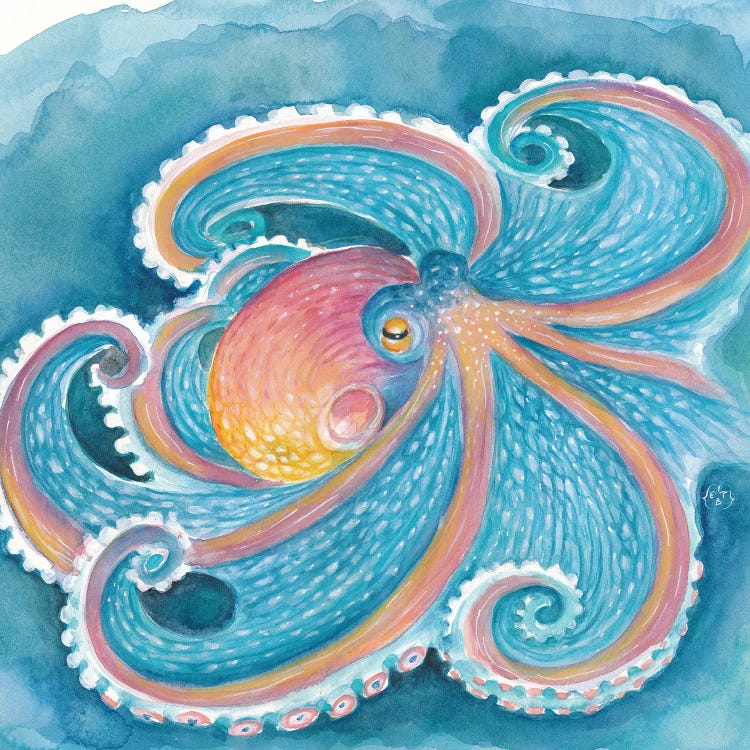 Rainbow Octopus Teal Blue Watercolor Art