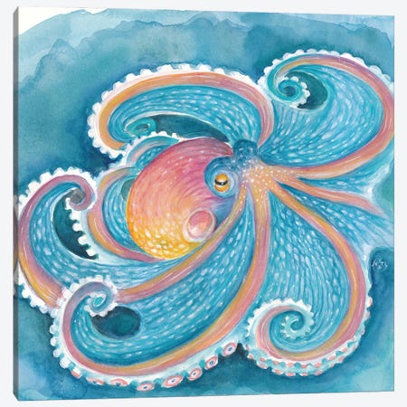 Rainbow Octopus Teal Blue Watercolor Art Canvas Print #SSI178} by Seven Sirens Studios Canvas Art