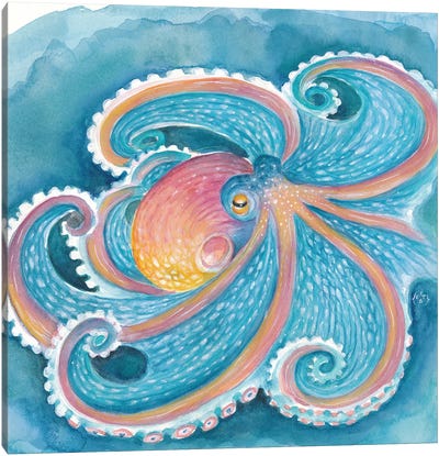 Rainbow Octopus Teal Blue Watercolor Art Canvas Art Print - Octopus Art