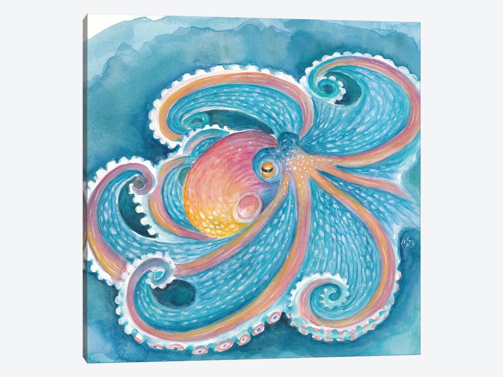 Rainbow Octopus Teal Blue Watercolor Art by Seven Sirens Studios 1-piece Canvas Artwork