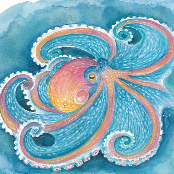 Rainbow Octopus Teal Blue Watercolor Art