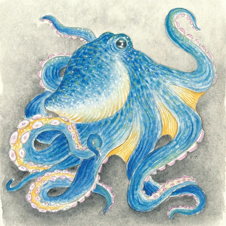 Blue Octopus Watercolor Ink Art