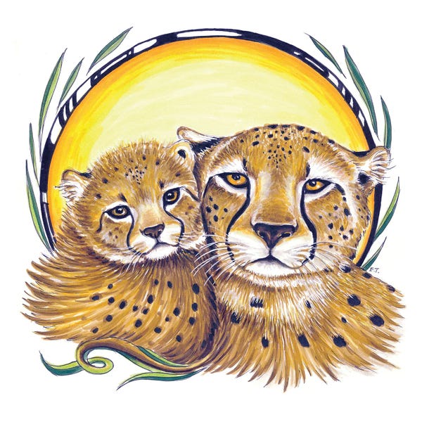 Seven Sirens Studios: Cheetah Mom And The Cub Savannah Sun Ink Art by Seven Sirens Studios
