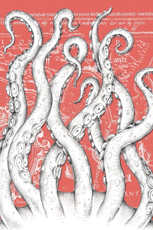 White Tentacles Octopus Red Vintage Map