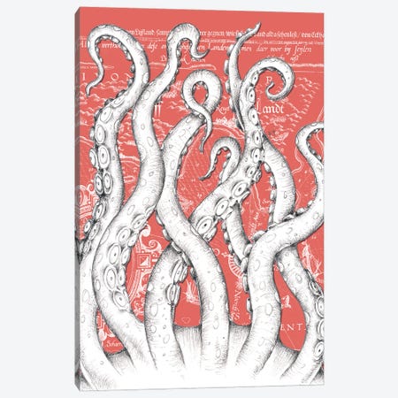 White Tentacles Octopus Red Vintage Map Canvas Print #SSI18} by Seven Sirens Studios Canvas Art