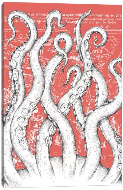 White Tentacles Octopus Red Vintage Map Canvas Art Print - Seven Sirens Studios