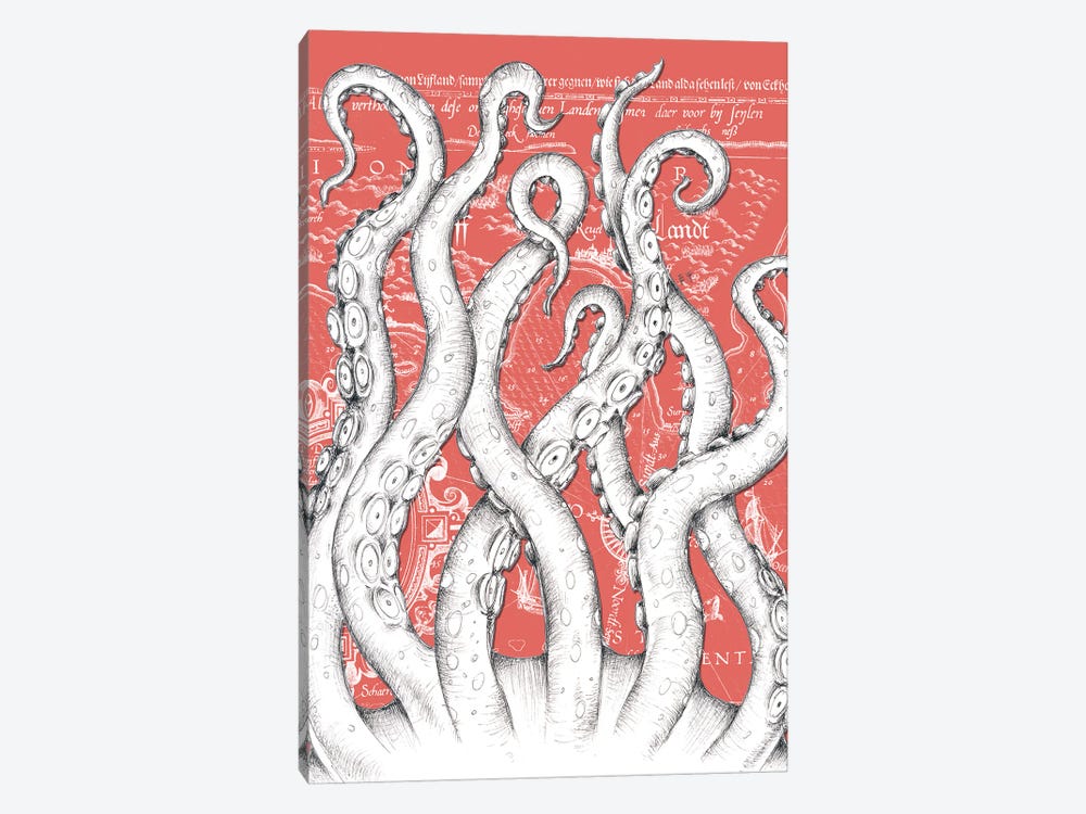 White Tentacles Octopus Red Vintage Map by Seven Sirens Studios 1-piece Canvas Print