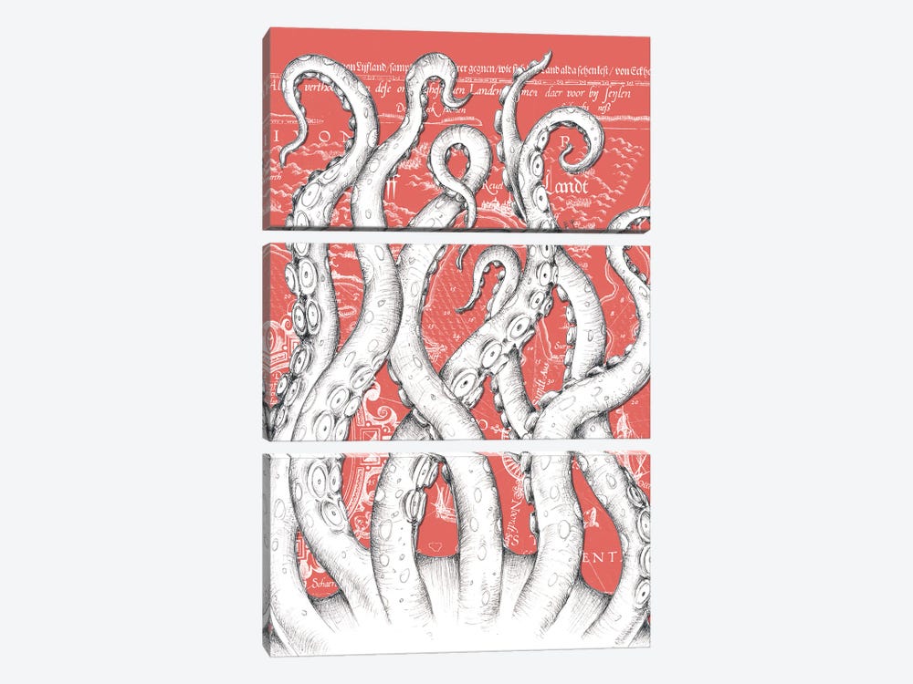 White Tentacles Octopus Red Vintage Map by Seven Sirens Studios 3-piece Canvas Art Print