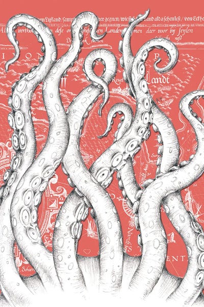 Seven Sirens Studios: White Tentacles Octopus Red Vintage Map by Seven Sirens Studios