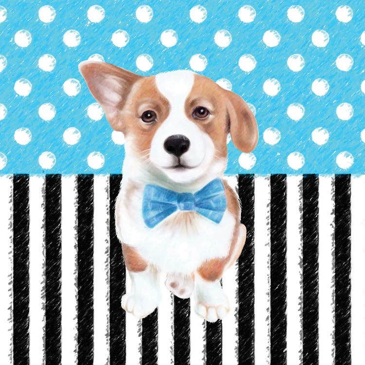 Corgi Blue Polka Dot Stripes by Seven Sirens Studios wall art