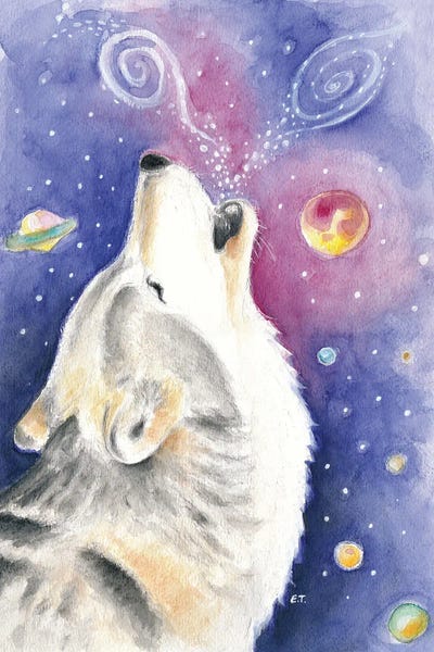 Howling Wolf Cosmic Galaxy Watercolor Art by Seven Sirens Studios framed canvas print
