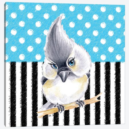 Cute Birdie Blue Polka Dot Stripes Canvas Print #SSI21} by Seven Sirens Studios Art Print