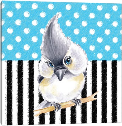 Cute Birdie Blue Polka Dot Stripes Canvas Art Print - Seven Sirens Studios