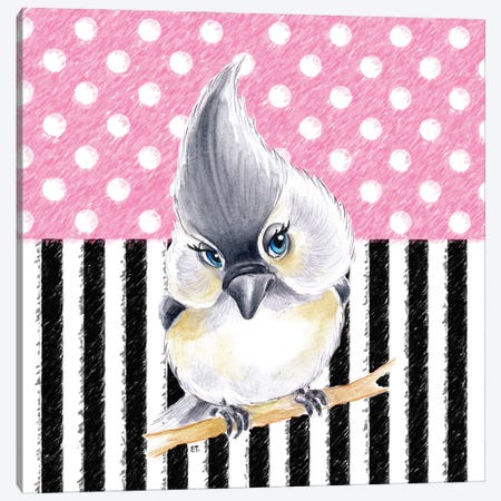 Cute Birdie Pink Polka Dot Stripes Canvas Print #SSI22} by Seven Sirens Studios Art Print
