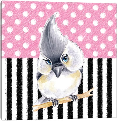 Cute Birdie Pink Polka Dot Stripes Canvas Art Print - Seven Sirens Studios
