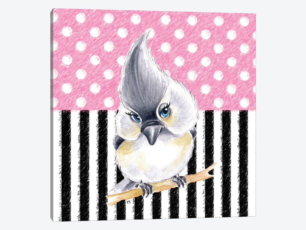 Cute Birdie Pink Polka Dot Stripes by Seven Sirens Studios 1-piece Canvas Wall Art