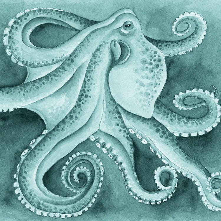 Green Cyan Octopus Tentacles Dance Watercolor