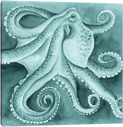 Green Cyan Octopus Tentacles Dance Watercolor Canvas Art Print