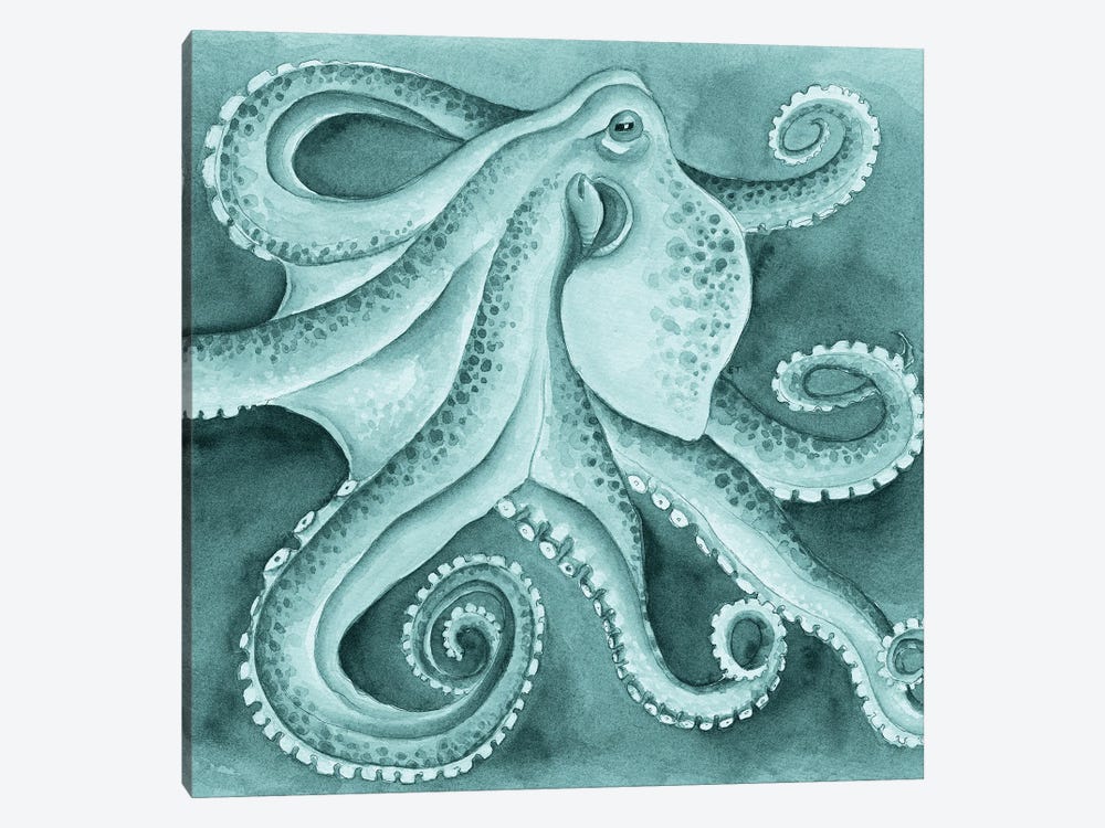 Green Cyan Octopus Tentacles Dance Watercolor by Seven Sirens Studios 1-piece Canvas Art Print