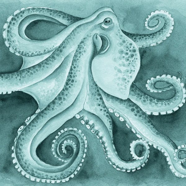 Green Cyan Octopus Tentacles Dance Watercolor