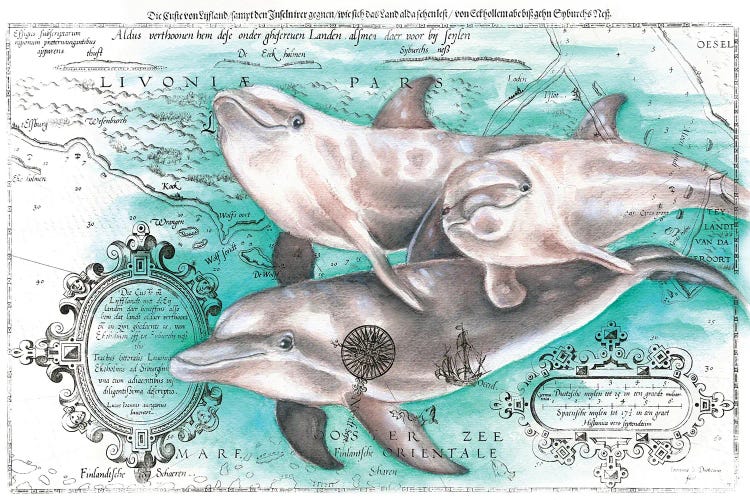 Cute Dolphins Family Vintage Map Teal Watercolor by Seven Sirens Studios wall art