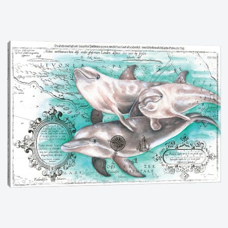 Cute Dolphins Family Vintage Map Teal Watercolor Canvas Print #SSI25} by Seven Sirens Studios Canvas Art