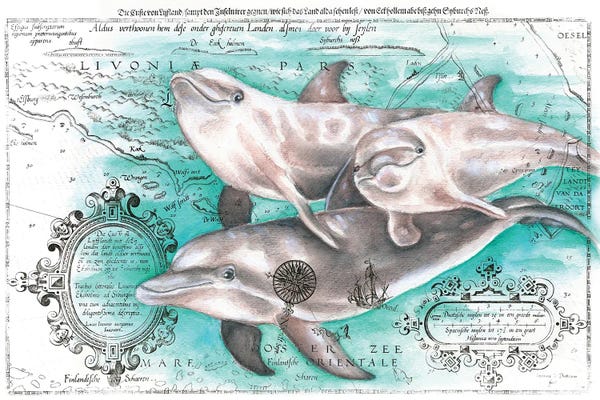 Seven Sirens Studios: Cute Dolphins Family Vintage Map Teal Watercolor by Seven Sirens Studios