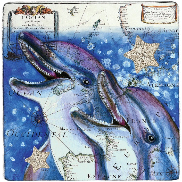 Laughing Dolphins Vintage Map Watercolor