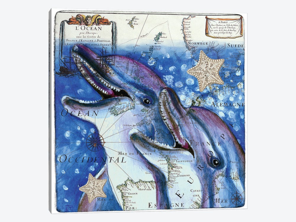 Laughing Dolphins Vintage Map Watercolor by Seven Sirens Studios 1-piece Canvas Artwork